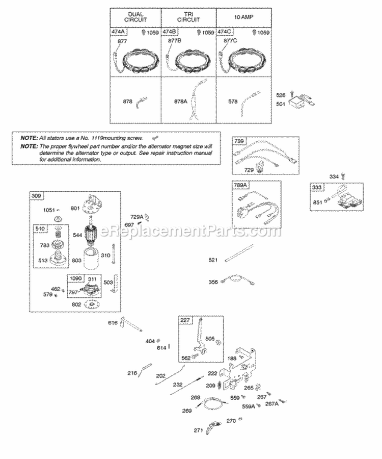 Alternator Controls Electric Starter Governor Spring Ignition Diagram and Parts List for 286H77-0556-E1  Briggs and Stratton Engine